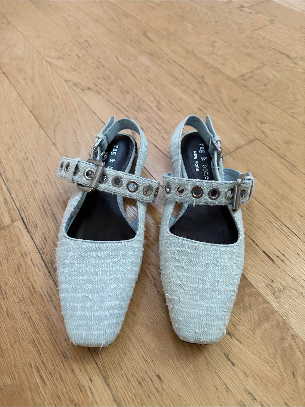 rag & bone Moto Astra Pale Blue Textured Slingback Mules with Grommet Strap